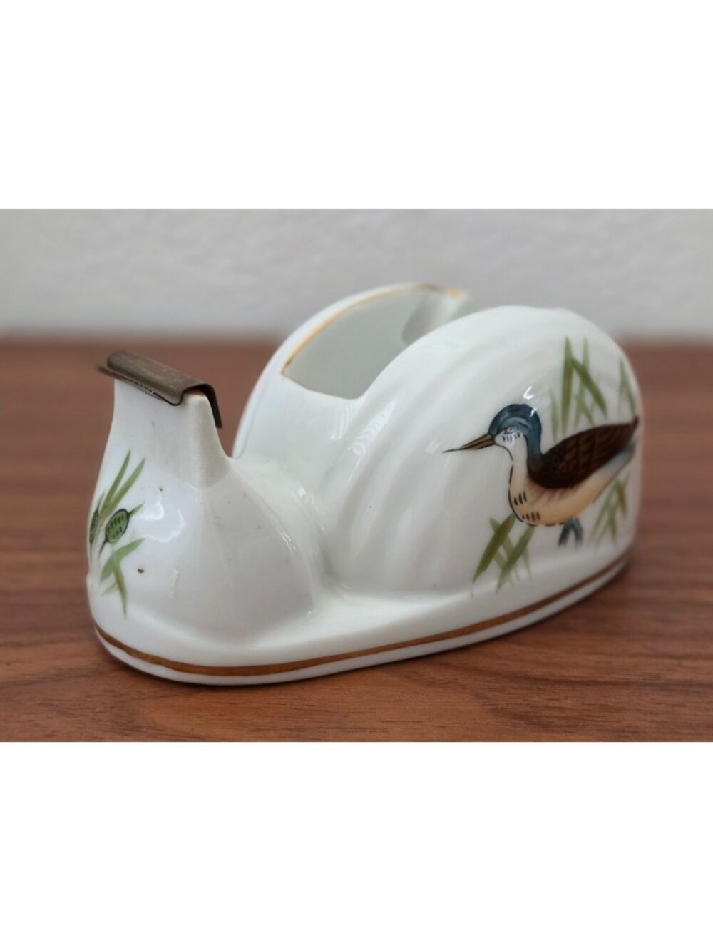Vintage LJ Japan Northern Phalarope Bird Porcelain Snail-Shaped Tape Dispenser